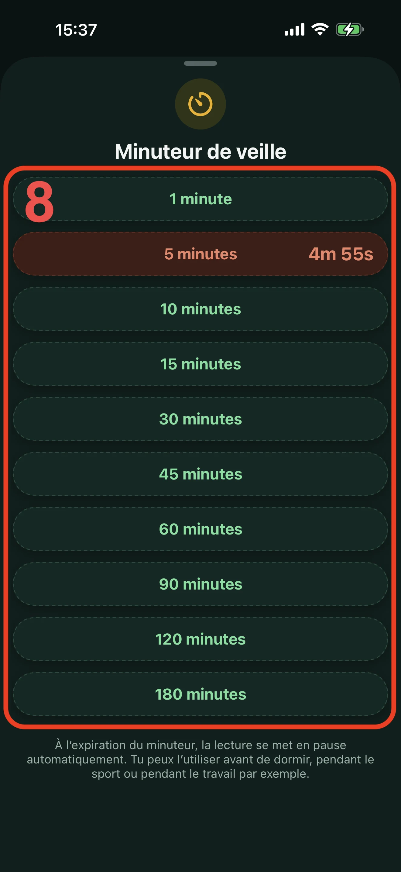 Minuteur de veille d'Alyacir : la liste des durées (1 à 180 minutes), avec la durée active en rouge et son décompte en cours.