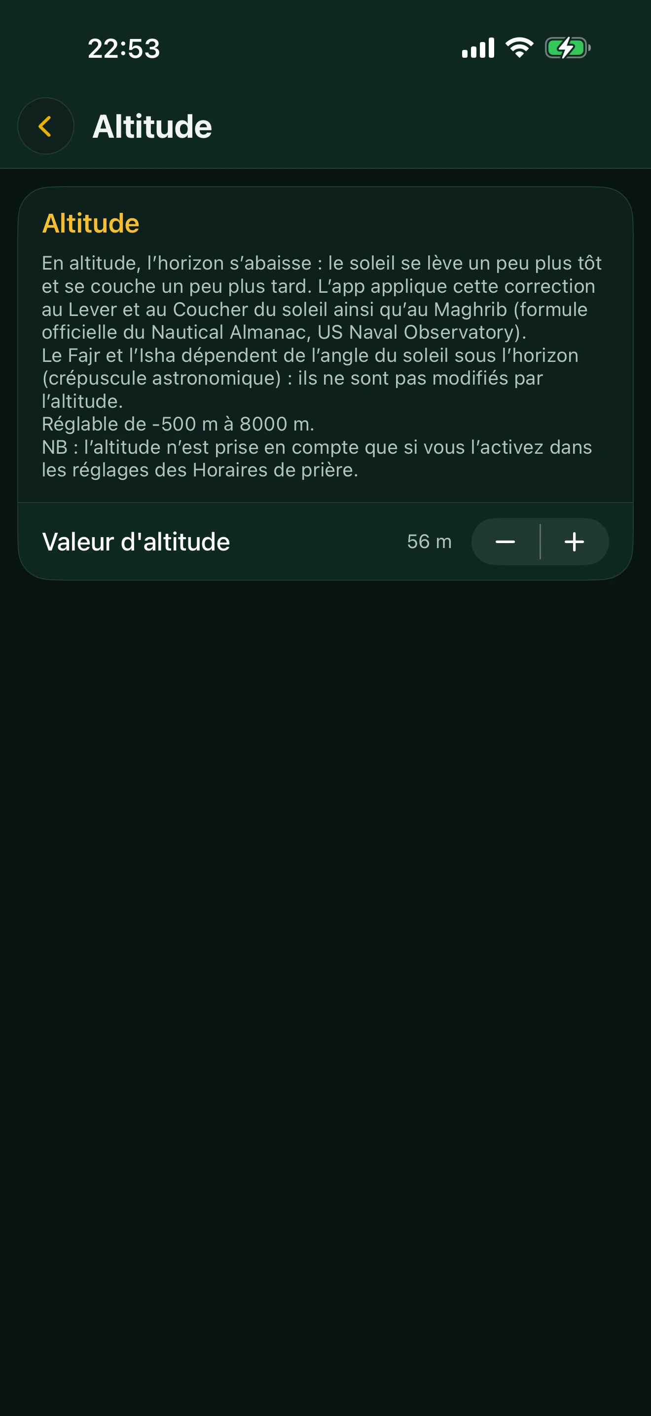 Écran Altitude d'Alyacir : explication et réglage de la valeur d'altitude avec les boutons moins et plus.