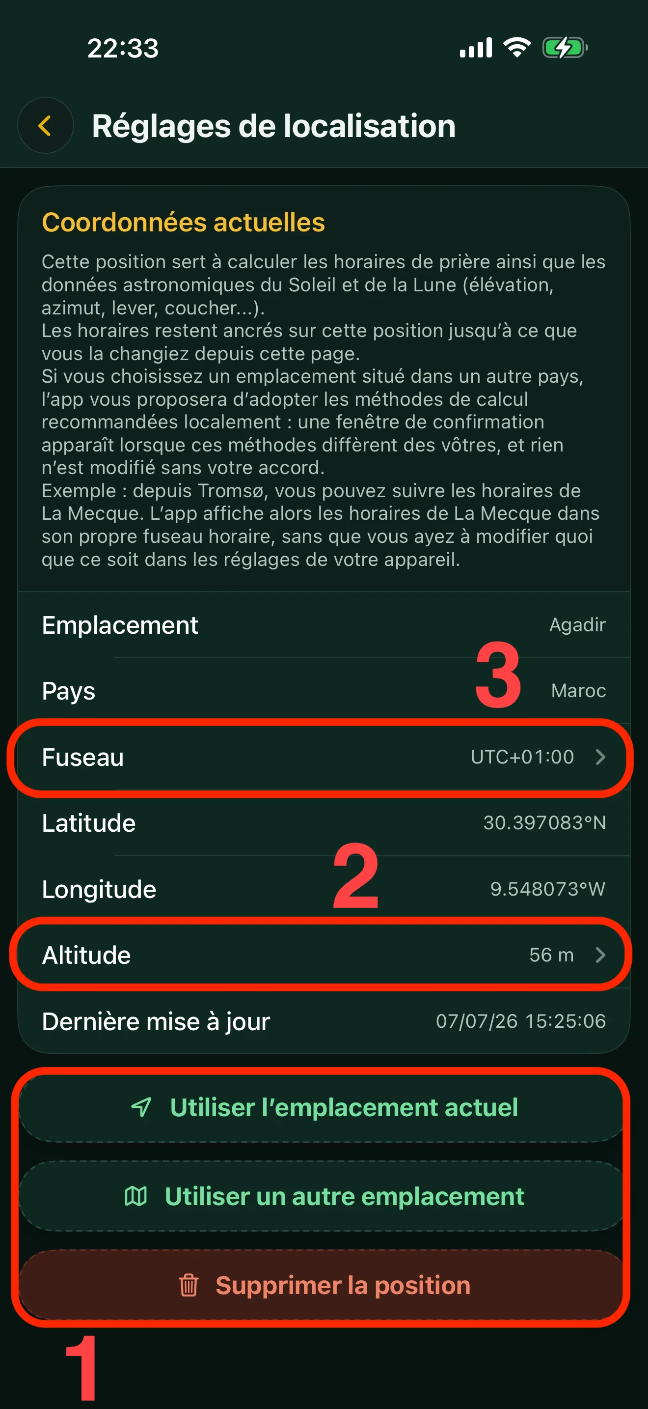 Écran « Réglages de localisation » d'Alyacir : les boutons pour définir la position (1), la ligne Altitude (2) et la ligne Fuseau (3), entourés et numérotés sur la capture.