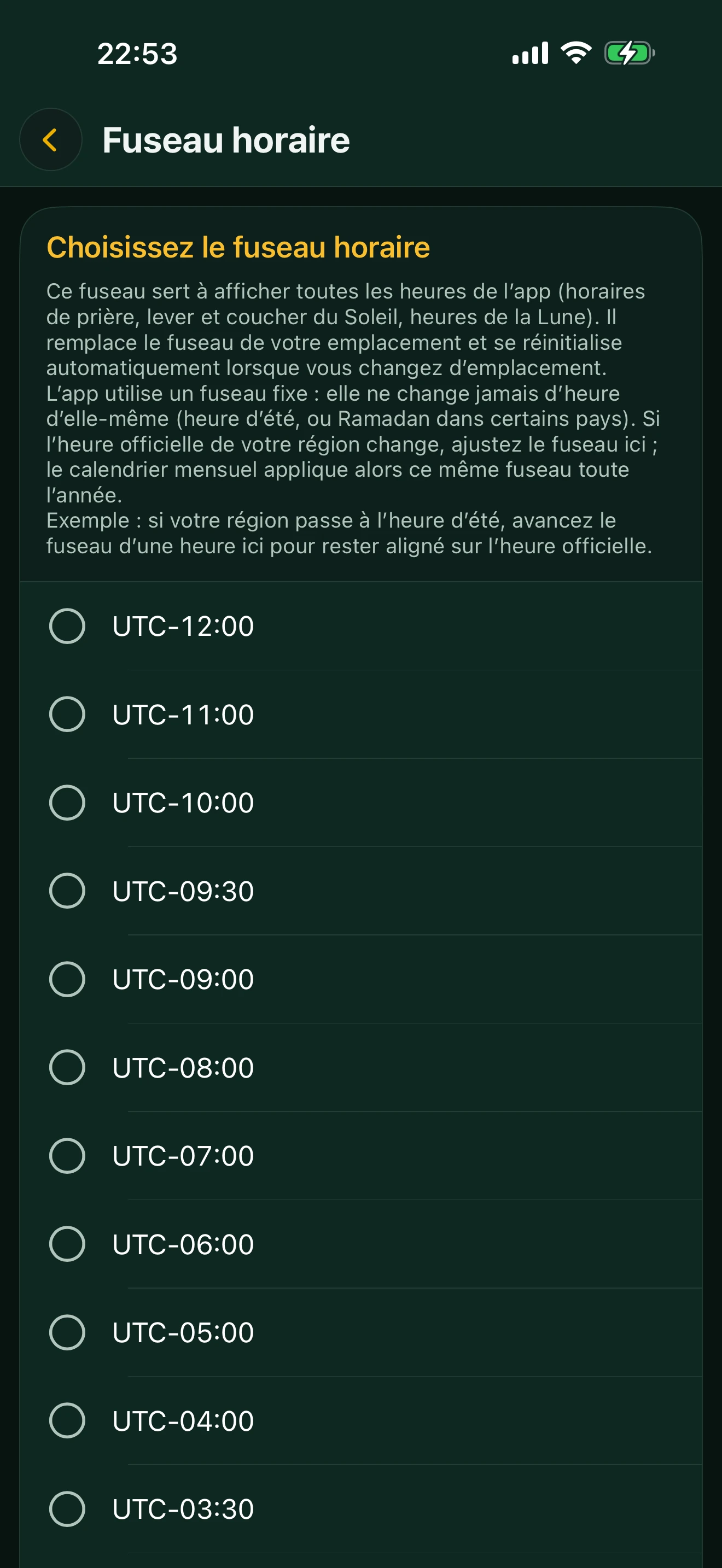 Écran Fuseau horaire d'Alyacir : explication et liste des fuseaux UTC à sélectionner.