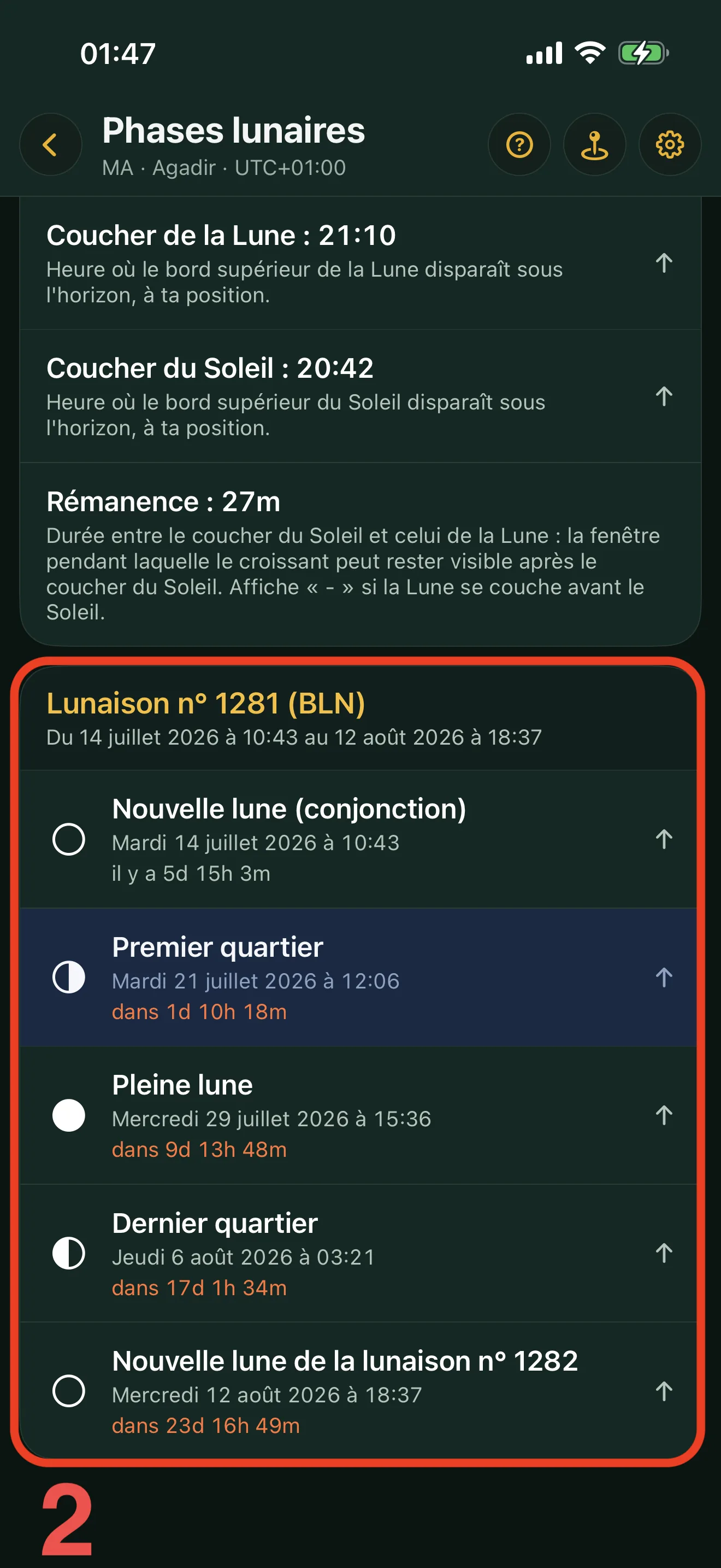 Écran des Phases lunaires d'Alyacir : les événements du jour (lever et coucher de la Lune, coucher du Soleil, rémanence) et la carte de la lunaison en cours (son numéro, la période qu'elle couvre, et ses cinq phases avec leur date et le temps restant ou écoulé).