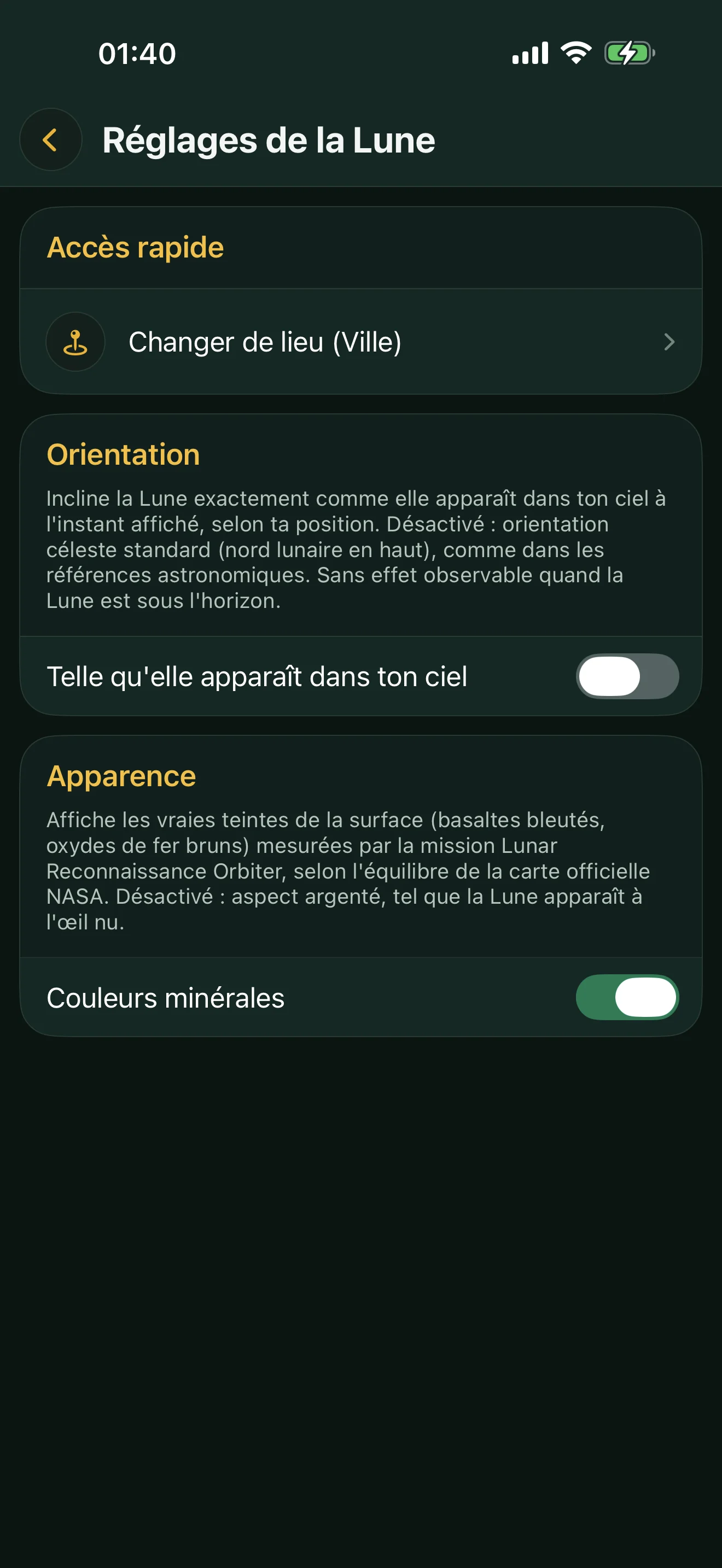 Écran « Réglages de la Lune » d'Alyacir : le raccourci de changement de lieu, l'orientation locale du disque et les couleurs minérales de la surface.
