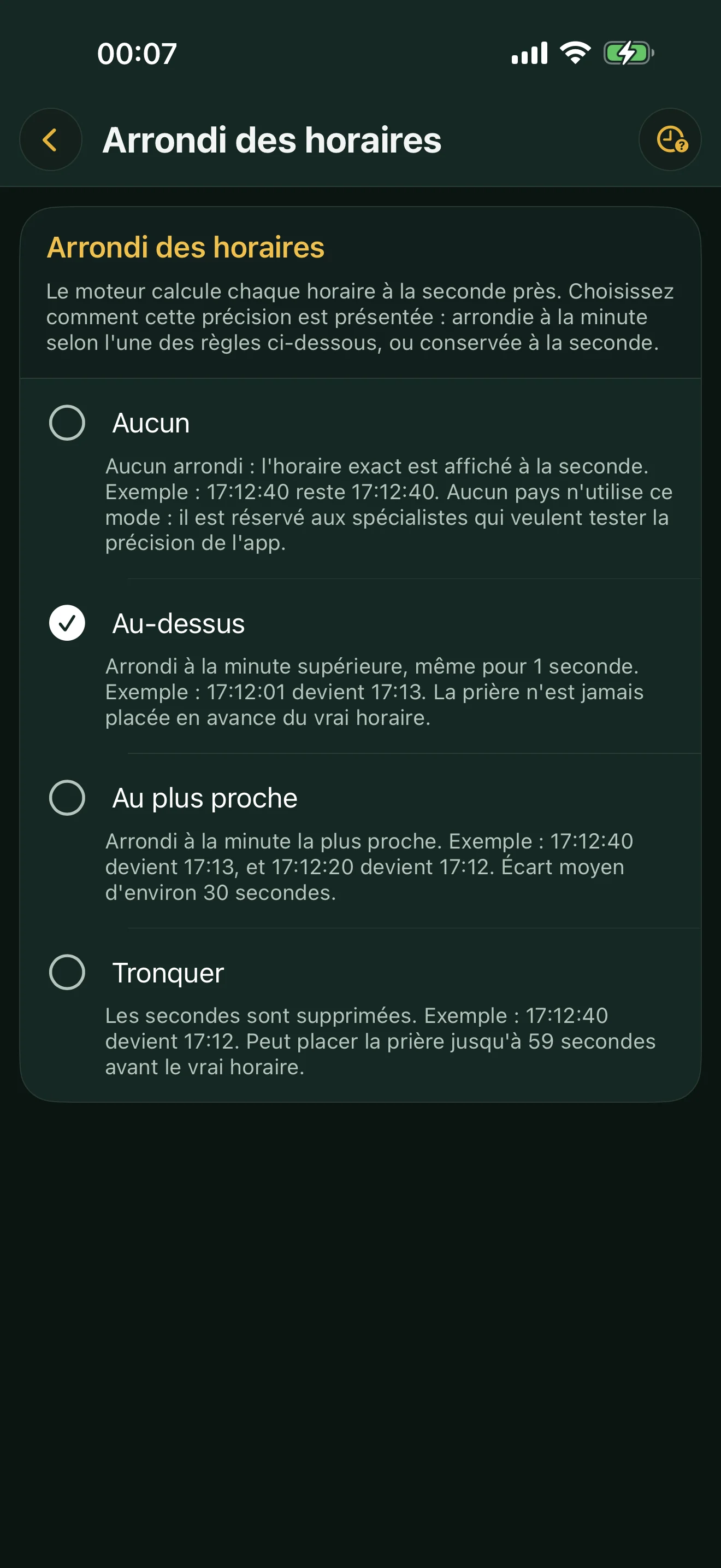 Écran « Arrondi des horaires » d'Alyacir : les modes Aucun, Au-dessus, Au plus proche et Tronquer, avec un exemple pour chacun.