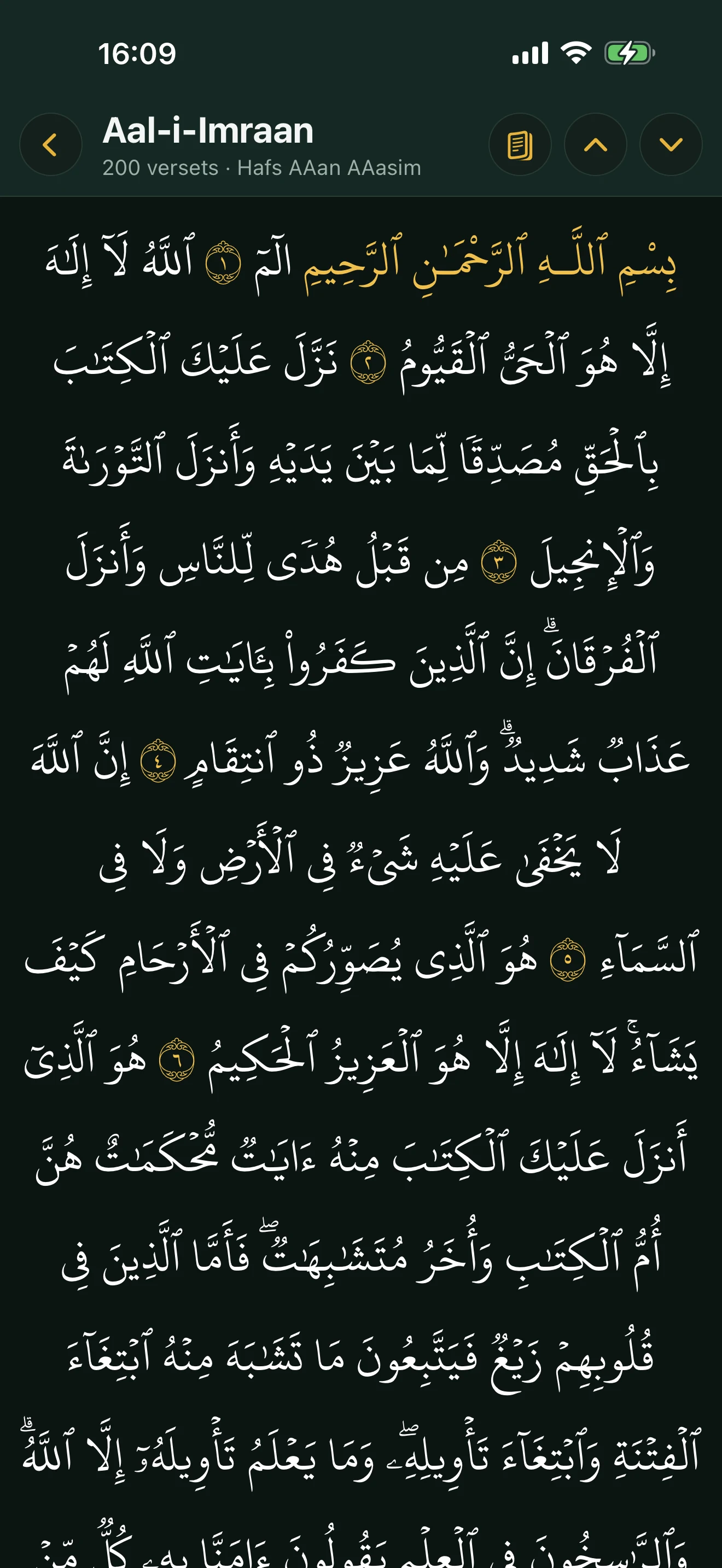 Le Coran en mode lecture dans Alyacir : le texte arabe en continu façon mushaf, la Basmala en tête de sourate et les numéros de versets dans leurs ornements.