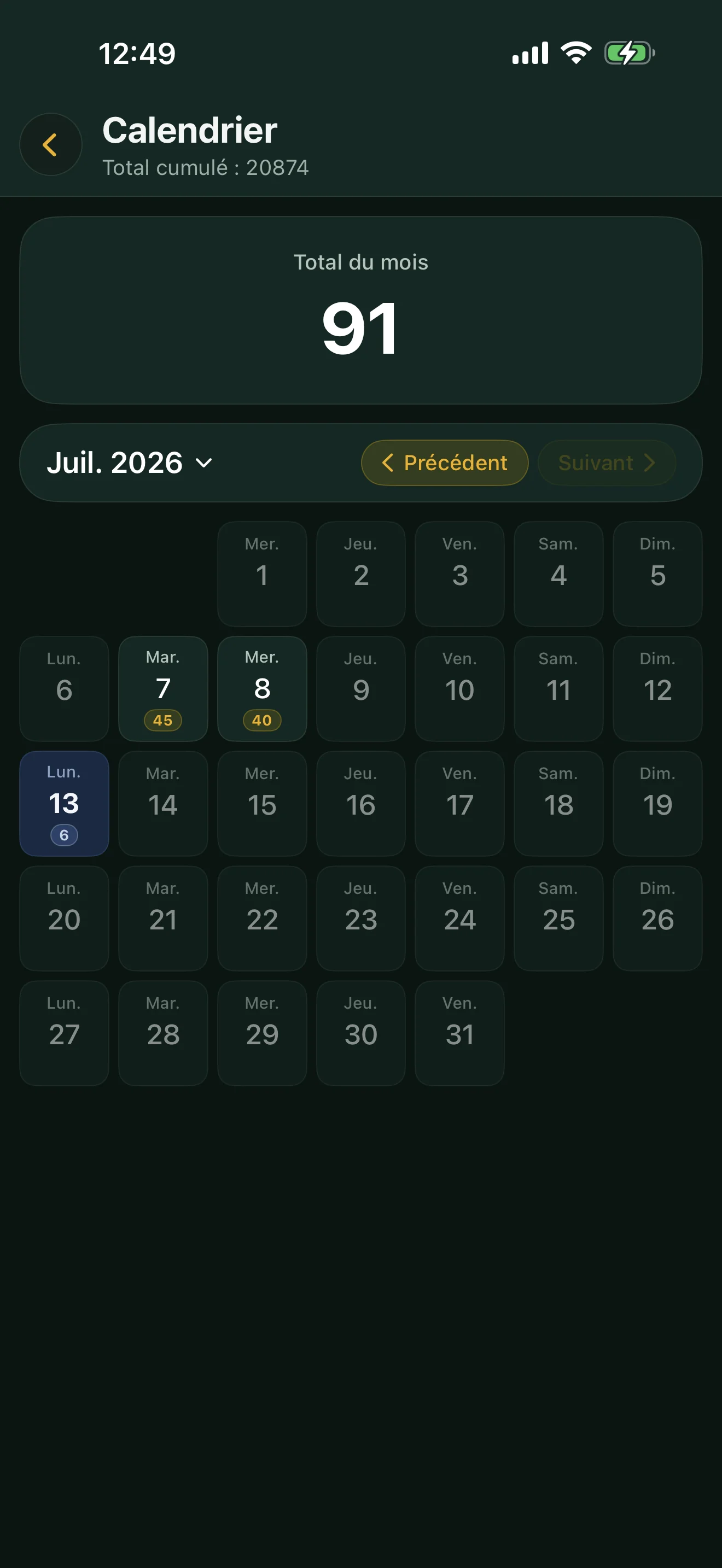Calendrier du Tasbeeh d'Alyacir : le total cumulé, le total du mois, et le nombre de dhikr comptés sur chaque jour du mois.